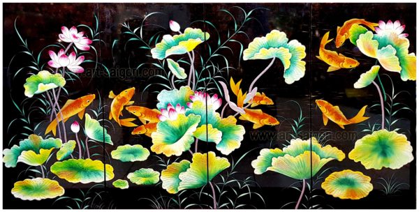 9 Poissons Carpe Koï et Fleur de Lotus en relief – TABLEAU EN BOIS LAQUÉ 1x2m (Réf. 8S-152312) – Image 2