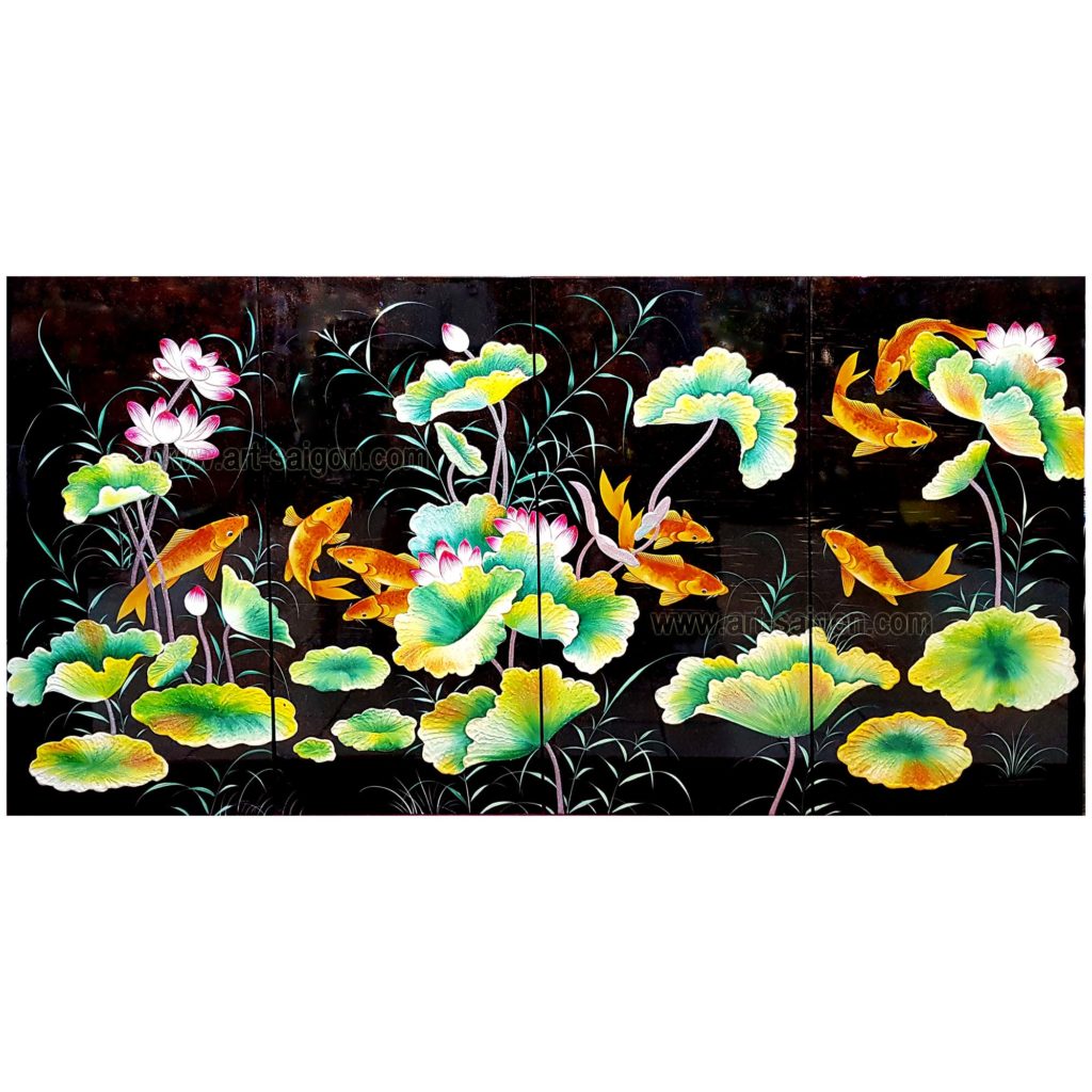 tableau en bois laque artisanat vietnam art-saigo poisson koi