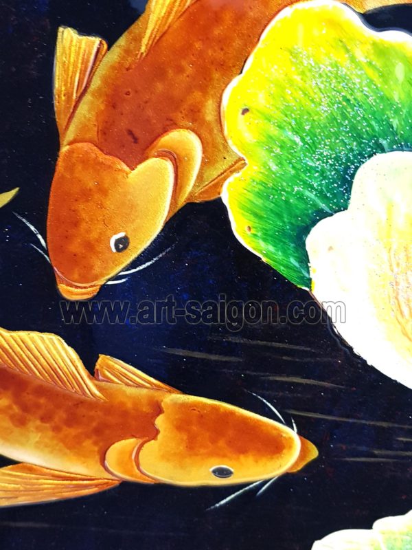 9 Poissons Carpe Koï et Fleur de Lotus en relief – TABLEAU EN BOIS LAQUÉ 1x2m (Réf. 8S-152312) – Image 3