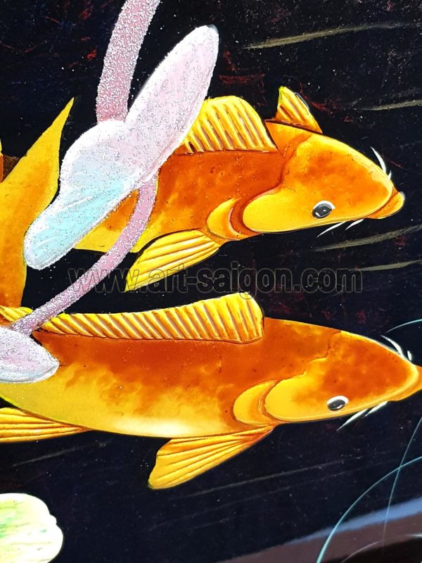 9 Poissons Carpe Koï et Fleur de Lotus en relief – TABLEAU EN BOIS LAQUÉ 1x2m (Réf. 8S-152312) – Image 4