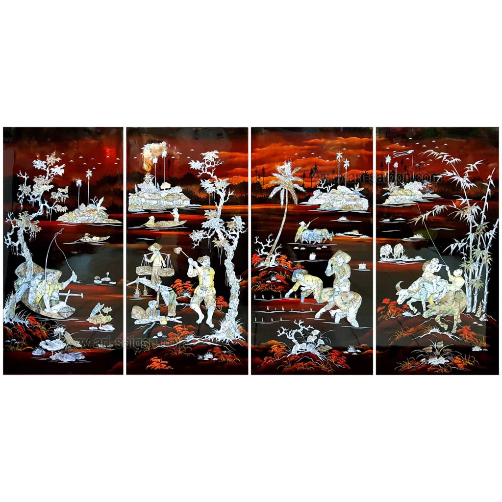 tableau en bois laque artisanat vietnam art-saigon paysage traditionnel