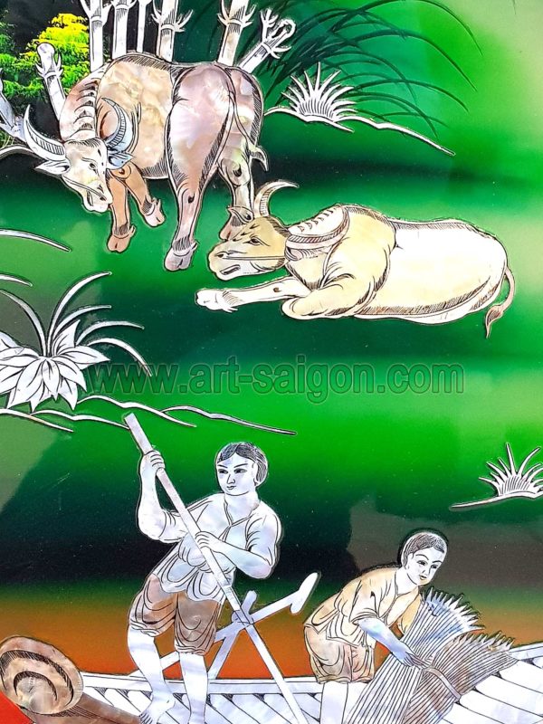 La campagne du Vietnam en Nacre – TABLEAU EN BOIS LAQUÉ 1x2m (réf. 8S-153301) – Image 6