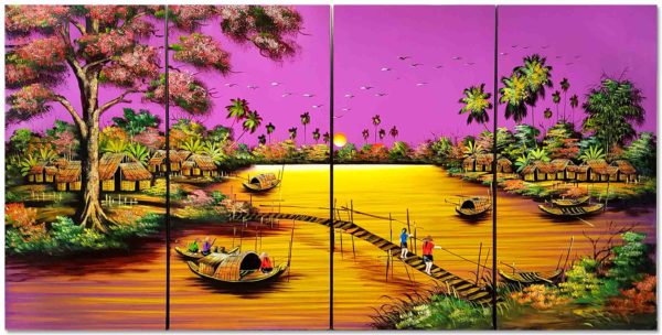 La Campagne du Vietnam - Fond Mauve - Tableau Bois Laqué Peint 160x80cm (réf. 8S-104846) – Image 2