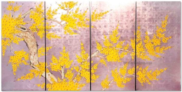 Fleur de Prunier Jaune - Fond Argenté Rosé – Tableau Bois Laqué Peint 160x80cm (Réf. 8S-113536) – Image 2