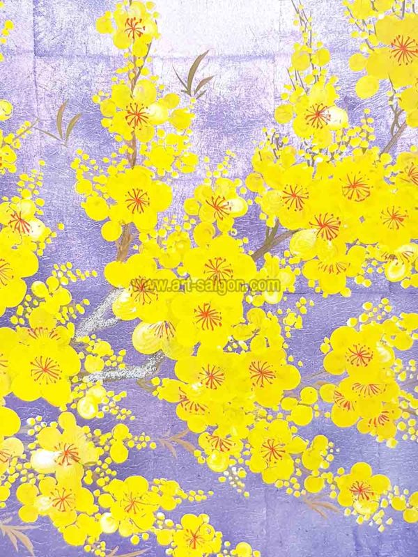 Fleur de Prunier Jaune - Fond Argenté Rosé – Tableau Bois Laqué Peint 160x80cm (Réf. 8S-113536) – Image 3