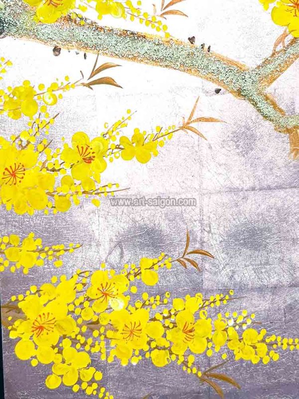 Fleur de Prunier Jaune - Fond Argenté Rosé – Tableau Bois Laqué Peint 160x80cm (Réf. 8S-113536) – Image 5