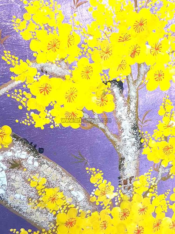 Fleur de Prunier Jaune - Fond Argenté Rosé – Tableau Bois Laqué Peint 160x80cm (Réf. 8S-113536) – Image 6