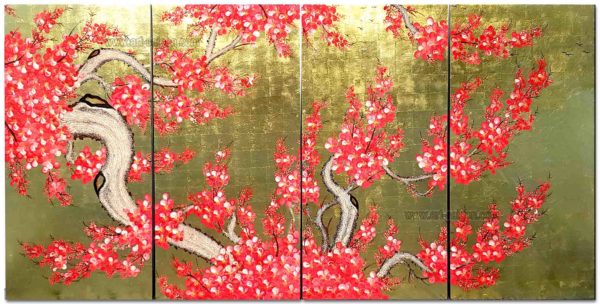 Fleur de Prunier Rouge - Fond doré – Tableau Bois Laqué Peint 160x80cm (Réf. 8S-134607) – Image 5