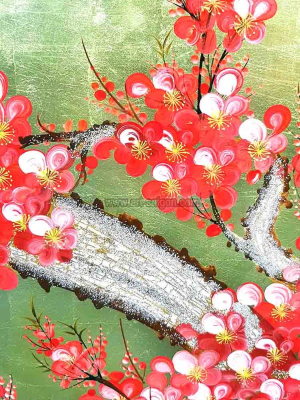 Fleur de Prunier Rouge - Fond doré – Tableau Bois Laqué Peint 160x80cm (Réf. 8S-134607) – Image 6