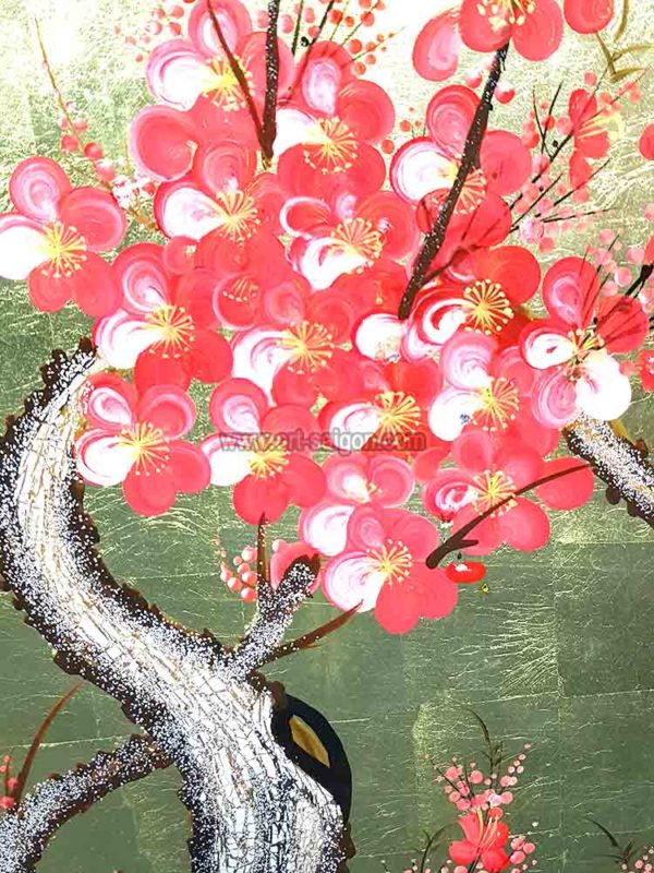Fleur de Prunier Rouge - Fond doré – Tableau Bois Laqué Peint 160x80cm (Réf. 8S-134607) – Image 8