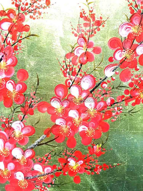 Fleur de Prunier Rouge - Fond doré – Tableau Bois Laqué Peint 160x80cm (Réf. 8S-134607) – Image 9