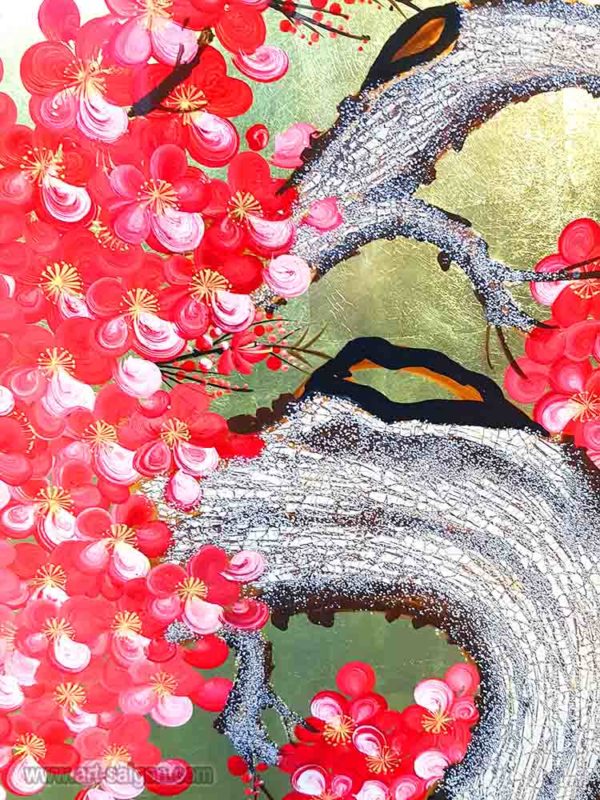 Fleur de Prunier Rouge - Fond doré – Tableau Bois Laqué Peint 160x80cm (Réf. 8S-134607) – Image 7