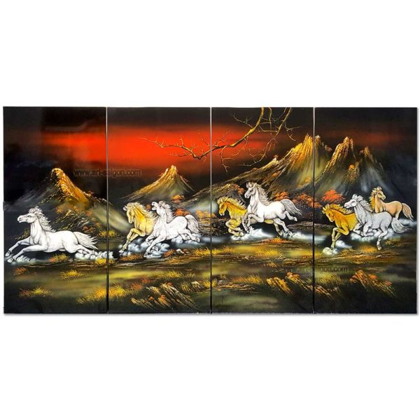 Tableau en Bois Laqué Peint, Fabriqué à la main, Motif Les 8 Chevaux du Bonheur. Peinture et Panneau Murale du Vietnam. Décoration et Artisanat Asiatique | Article vendu par la Boutique Art-Saigon.com