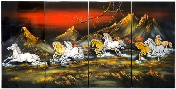 Tableau en Bois Laqué Peint, Fabriqué à la main, Motif Les 8 Chevaux du Bonheur. Peinture et Panneau Murale du Vietnam. Décoration et Artisanat Asiatique | Article vendu par la Boutique Art-Saigon.com