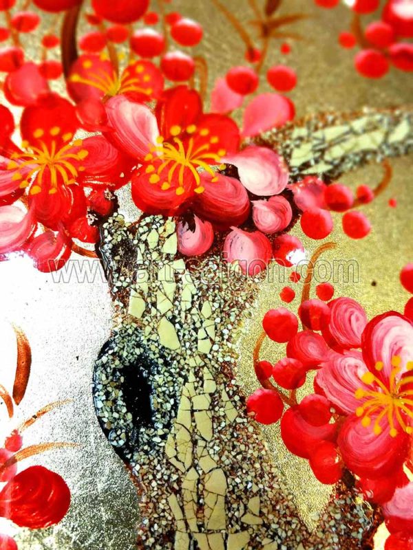 Fleur de Prunier - Fleur rouge et Fond Doré - Tableau bois laqué peint 40x60cm (Réf. S05-181600) – Image 7