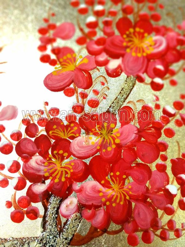Fleur de Prunier - Fleur rouge et Fond Doré - Tableau bois laqué peint 40x60cm (Réf. S05-181600) – Image 8