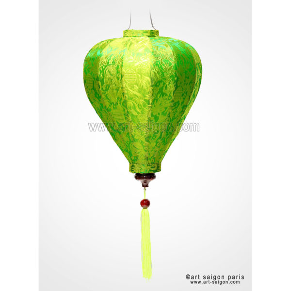 Lampion Traditionnel en Soie Vert de la ville de Hoi An au Vietnam, Lanterne Asiatique en Tissu, Bambou et Bois |Décoration et Artisanat Asiatique - Article vendu par la Boutique Art-saigon.com
