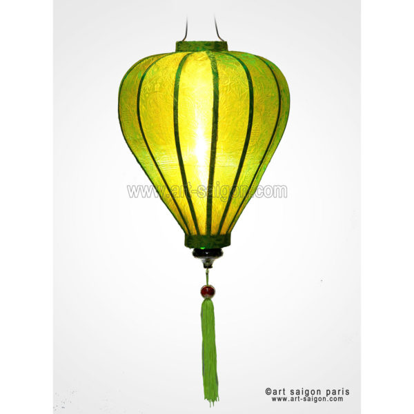 Lampion Traditionnel en Soie Vert de la ville de Hoi An au Vietnam, Lanterne Asiatique en Tissu, Bambou et Bois |Décoration et Artisanat Asiatique - Article vendu par la Boutique Art-saigon.com