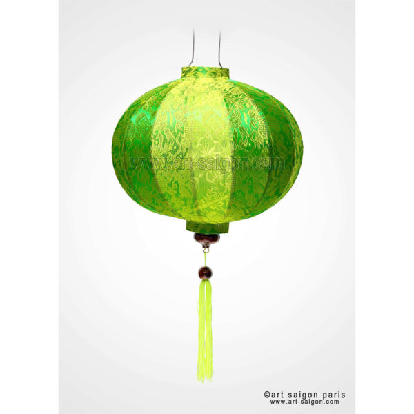 Lampion en Soie Vert de la ville de Hoi An au Vietnam, Lanterne Asiatique en Tissu, Bambou et Bois. Article vendu par la Boutique Art-saigon.com