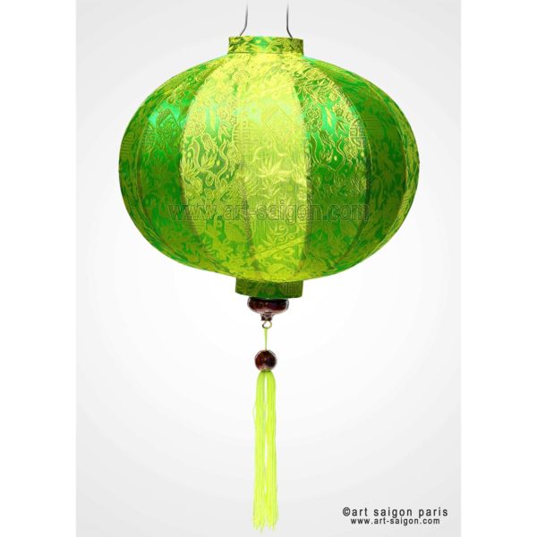 Lampion Traditionnel en Soie Vert de la ville de Hoi An au Vietnam, Lanterne Asiatique en Tissu, Bambou et Bois. Article vendu par la Boutique Art-saigon.com