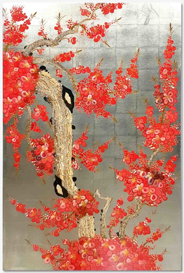 Fleur de Prunier - Fleur rouge et Fond Doré - Tableau bois laqué peint 40x60cm (Réf. S05-181600) – Image 2