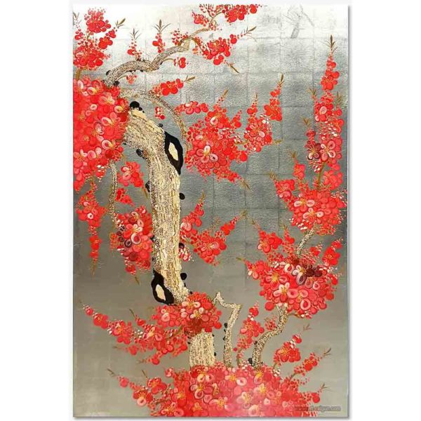 Tableau en Bois Laqué Doré, Motif Fleurs Rouges. Décoration et Artisanat du Vietnam. Article vendu par la Boutique Art-saigon.com