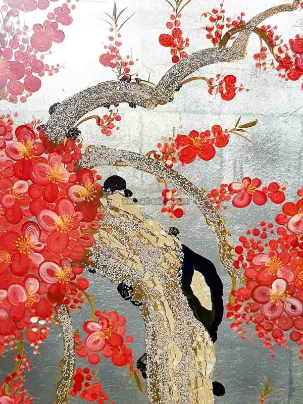 Fleur de Prunier - Fleur rouge et Fond Doré - Tableau bois laqué peint 40x60cm (Réf. S05-181600) – Image 4