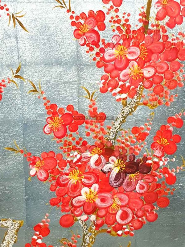 Fleur de Prunier - Fleur rouge et Fond Doré - Tableau bois laqué peint 40x60cm (Réf. S05-181600) – Image 5