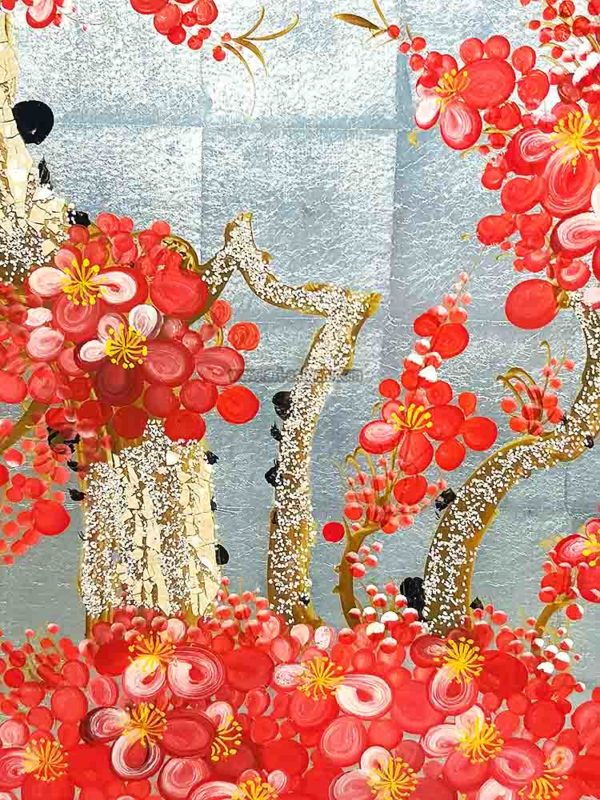 Fleur de Prunier - Fleur rouge et Fond Doré - Tableau bois laqué peint 40x60cm (Réf. S05-181600) – Image 3