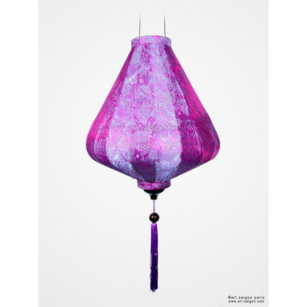 Lampion Traditionnel en Soie Mauve de la ville de Hoi An au Vietnam, Lanterne Asiatique en Tissu, Bambou et Bois. Article vendu par la Boutique Art-saigon.com