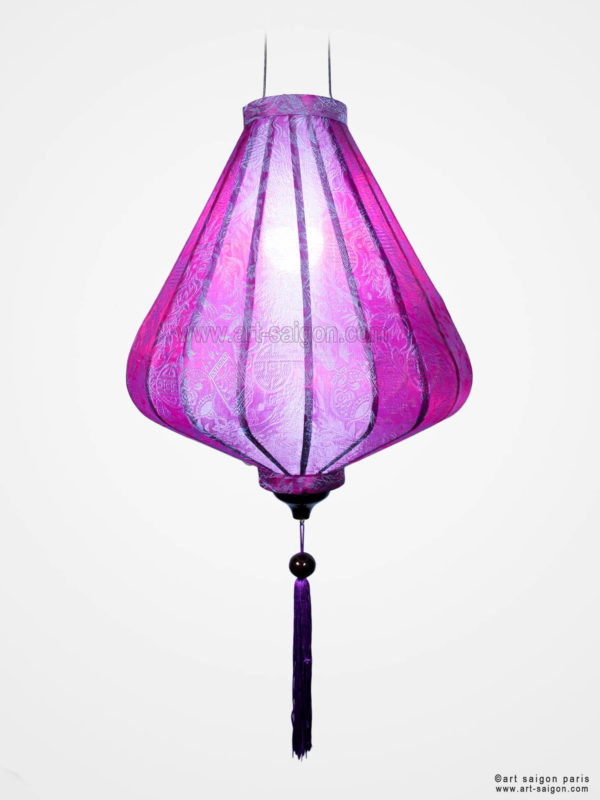 Lampion Traditionnel en Soie Mauve de la ville de Hoi An au Vietnam, Lanterne Asiatique en Tissu, Bambou et Bois. Article vendu par la Boutique Art-saigon.com