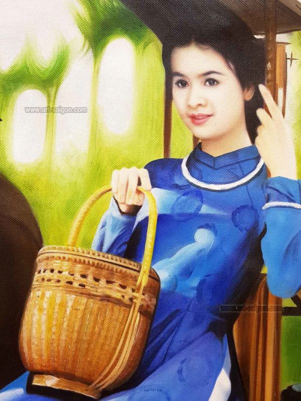 Femme vietnamienne "Co Gai" (réf. S01-160358) - Peinture à l'huile avec cadre noir (88,5 x 68,5cm) – Image 3