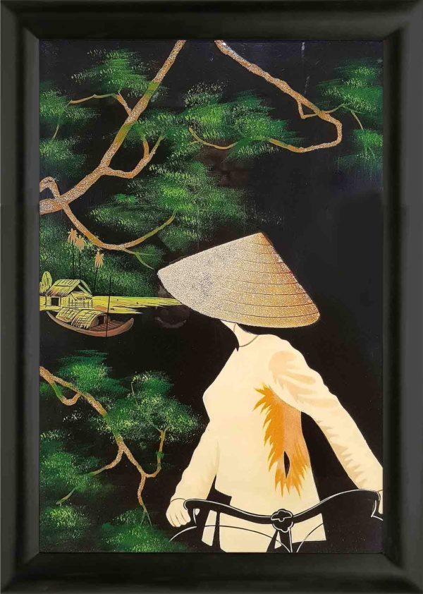 Femme Vietnamienne, Tableau en bois laqué, fabrication artisanale et peinte à la main au Vietnam. Article vendu par la Boutique Art-saigon.com