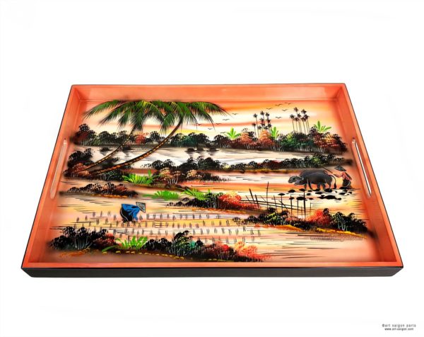 Plateau Laqué orange clair "Campagne du Vietnam" - L42cm (Réf. S23-161132-42) – Image 3