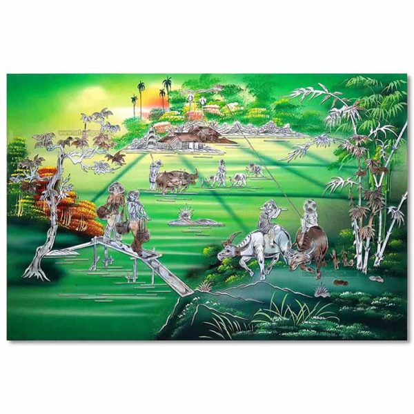 Campagne du Vietnam tableau en bois laqué nacre artisanat traditionnel du Vietnam par Art Saigon