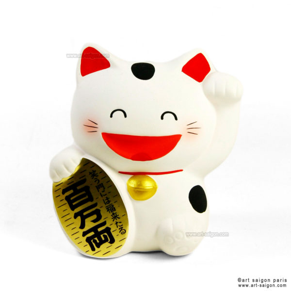Maneki Neko Blanc en Argile - Chat Japonais - Tirelire par art-saigon.com