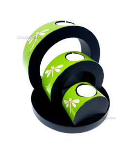 Ensemble de 3 Bougeoirs Rond Laqué Vert Libellule Art Saigon Vietnam Artisanat