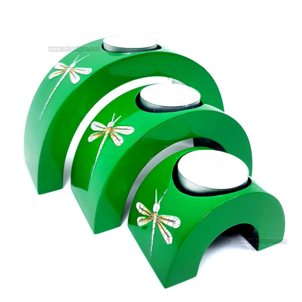 Ensemble de 3 Bougeoirs Laqué Libellule Vert en demi-cercle art saigon vietnam artisanat