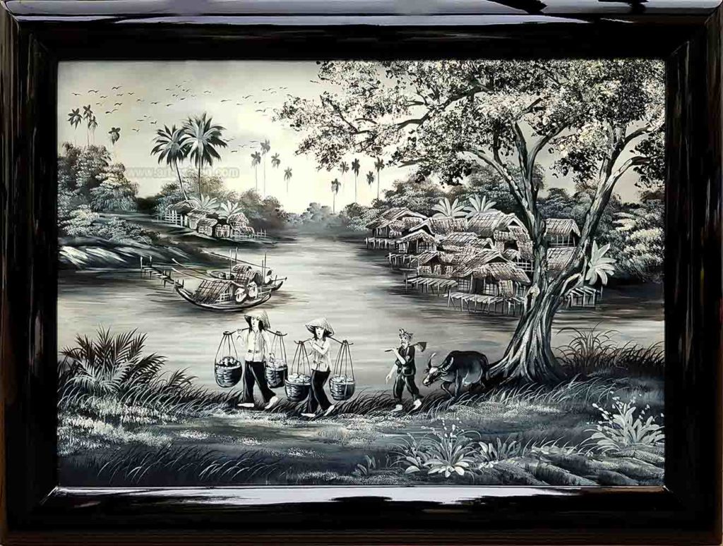 tableau en bois laque artisanat traditionnel campagne du Vietnam par art saigon