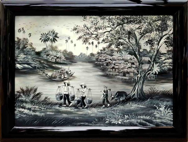 tableau en bois laque artisanat traditionnel campagne du Vietnam par art saigon