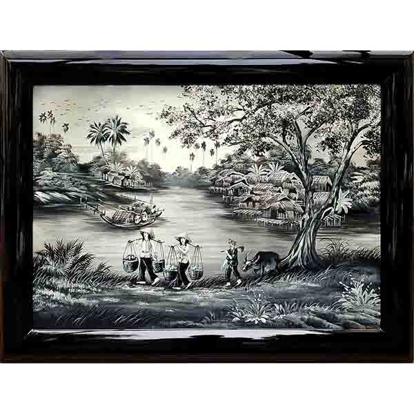 tableau en bois laque artisanat traditionnel campagne du Vietnam par art saigon
