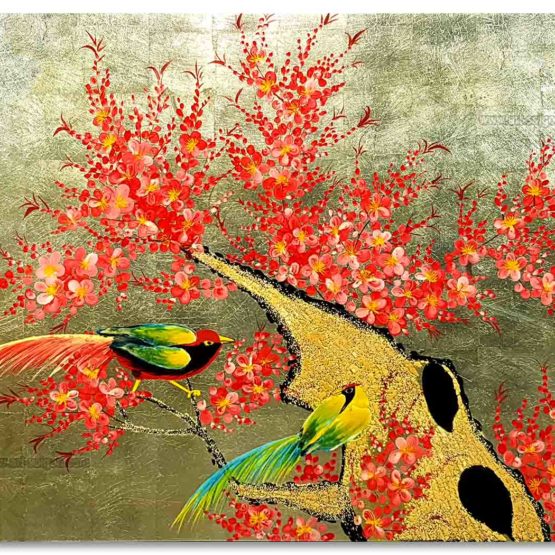 Couple d'oiseaux sur une branche de fleur de prunier tableau en bois laqué peint artisanat traditionnel du Vietnam par Art Saigon