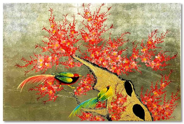 Couple d'oiseaux sur une branche de fleur de prunier tableau en bois laqué peint artisanat traditionnel du Vietnam par Art Saigon