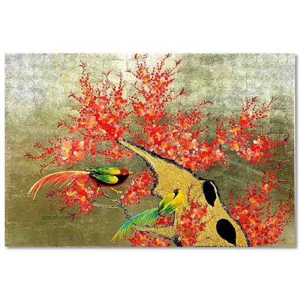 Couple d'oiseaux sur une branche de fleur de prunier tableau en bois laqué peint artisanat traditionnel du Vietnam par Art Saigon