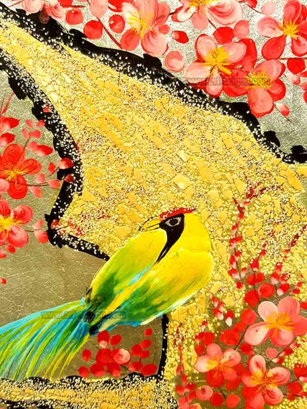 Couple d'oiseaux sur une branche de fleur de prunier tableau en bois laqué peint artisanat traditionnel du Vietnam par Art Saigon