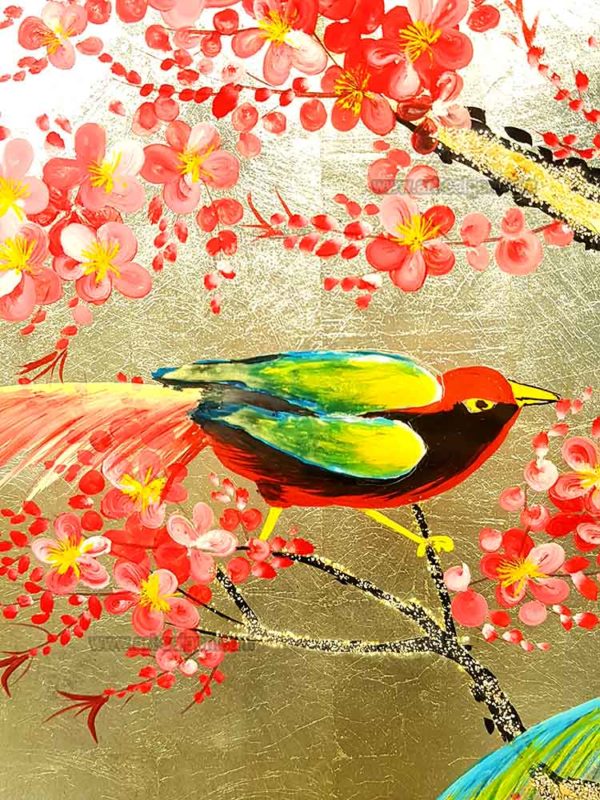 Couple d'oiseaux sur une branche de fleur de prunier tableau en bois laqué peint artisanat traditionnel du Vietnam par Art Saigon