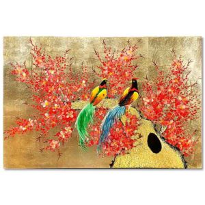 Couple d'oiseaux sur une branche de fleur de prunier tableau en bois laqué peint artisanat traditionnel du Vietnam par Art Saigon