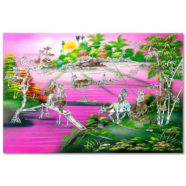 Campagne du Vietnam tableau en bois laqué nacre artisanat traditionnel du Vietnam par Art Saigon