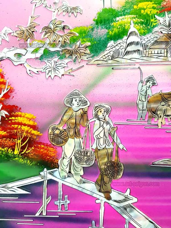 Campagne du Vietnam tableau en bois laqué nacre artisanat traditionnel du Vietnam par Art Saigon