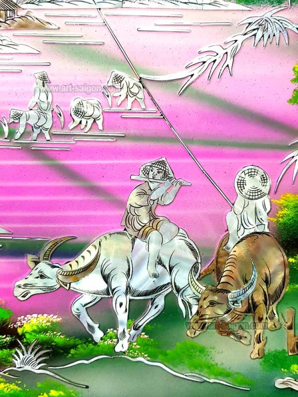 Campagne du Vietnam tableau en bois laqué nacre artisanat traditionnel du Vietnam par Art Saigon